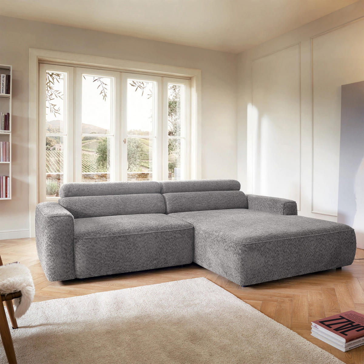 ROHOVÁ pohovka Fando s elektricky výsuvným sedákem, světle šedý ženil - černá/světle šedá, textil/plast (182/252cm) - Selsey