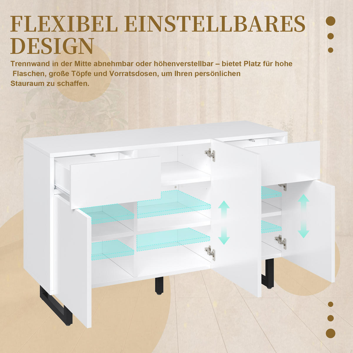 SIDEBOARD 120 cm mit Schubladen, Türen und Metallbeinen, Weiß - Weiß, Holzwerkstoff (120/75/40.5cm)