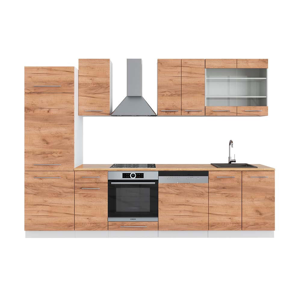 KÜCHENZEILE Fame-Line Goldkraft Eiche/Weiß 300 cm, AP Eiche - Eiche Wotan/Weiß, Holzwerkstoff (300/81.6/60cm) - Vicco