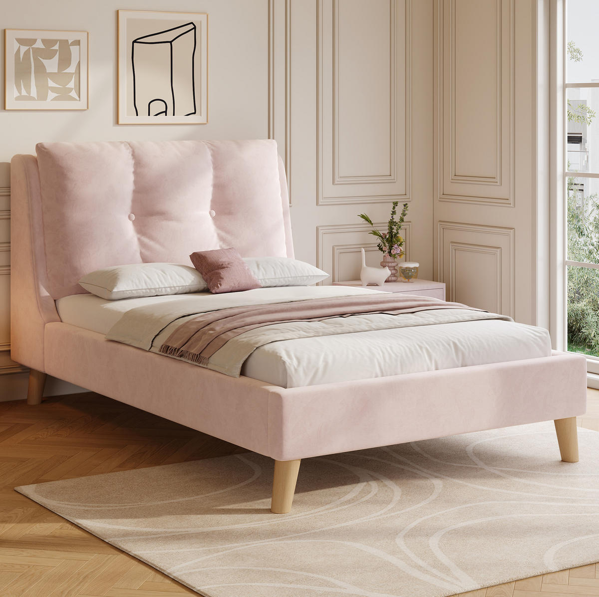 KINDERBETT 90/200 cm mit Lattenrost, höhenverstellbarem gepolstertem Kopfteil und Massivholzbeinen aus Samt, Rosa - Rosa, Textil (90/200cm) - Redom