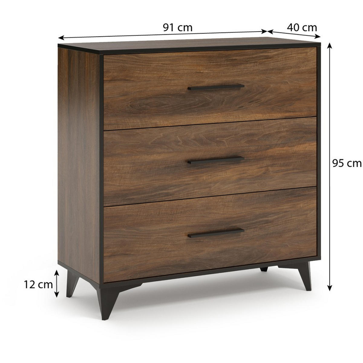 KOMMODE Felia mit 3 Schubladen - Walnussfarben/Schwarz, Holzwerkstoff (91/95/40cm) - Beautysofa
