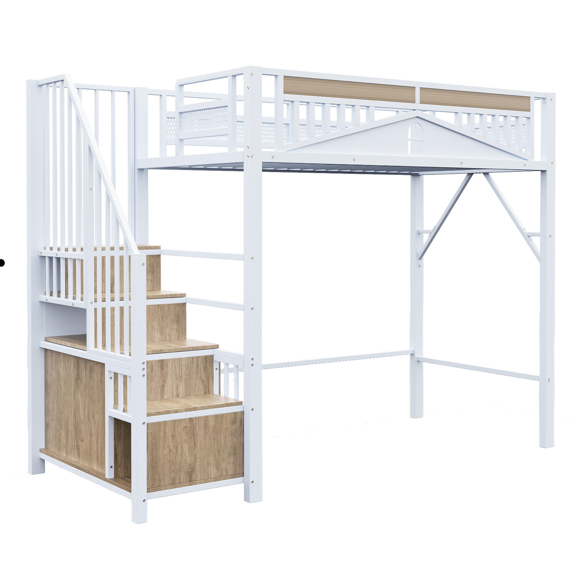 HOCHBETT 90/200 cm in Weiß mit Stauraum, Schrank und Fensterdesign - Weiß, Holz/Metall (90/200cm) - STILVORA