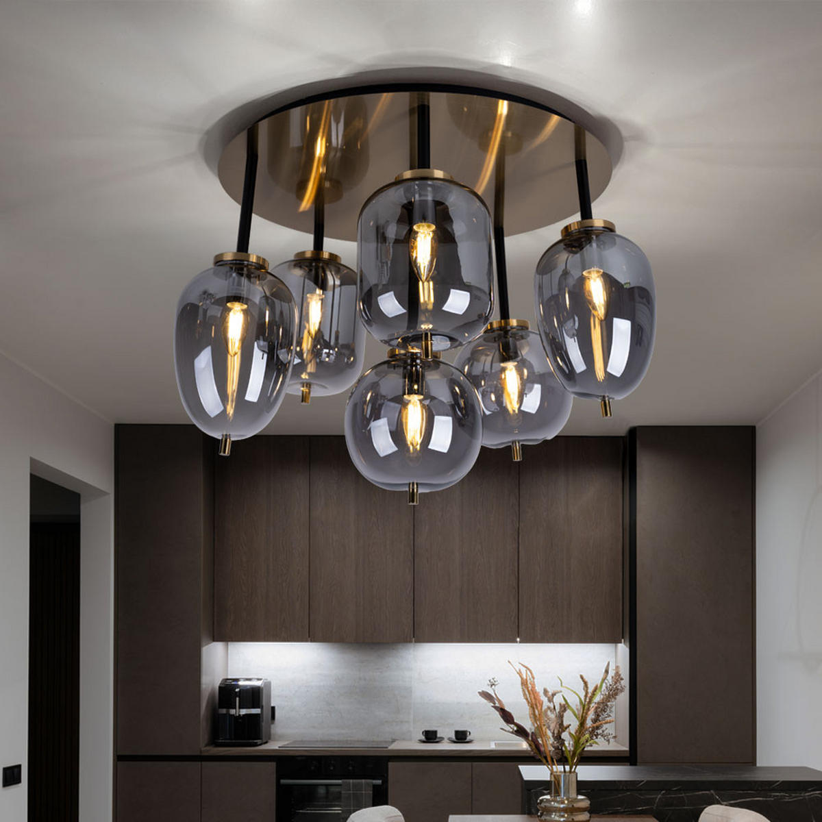 DECKENLEUCHTE Metall Glas Grau 6 Flammig - Grau, Glas (65/65/38cm) - Globo Lighting