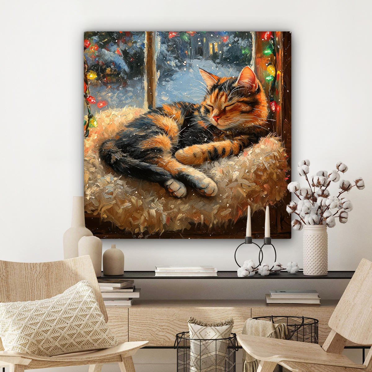 LEINWANDBILD Katze - Weihnachten - Winter - Tier Deko Groß 90x90 cm - Bernsteinfarben, Textil (90/90cm) - MuchoWow