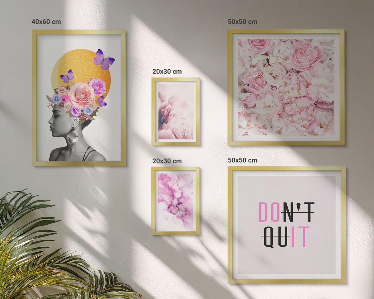 BILDER SET 5er Set - 50x50 cm & 20x30 cm & 40x60 cm Goldrahmen - Abstraktes Blumenporträt einer Frau - Goldfarben, Kunststoff (40/60cm) - TULUP
