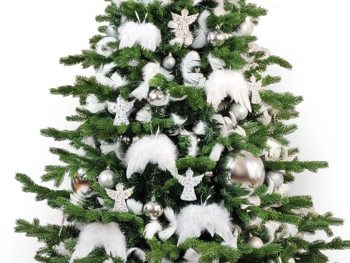 WEIHNACHTSBAUM künstlicher 150 cm, ENGELSFLÜGEL, mit 97-teiligem Weihnachtsbaumschmuck, inkl. Metallständer und Aufbewahrungsbox - Silberfarben/Weiß, Kunststoff/Metall (104/150cm) - LAALU