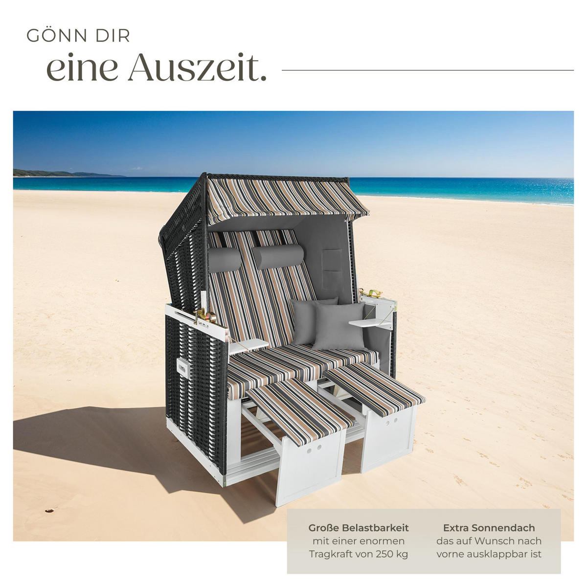 STRANDKORB Sylt,115 x 158 x 78 cm,schwarz/grau/braun - Schwarz/Braun, Holz (78/158/115cm) - tectake