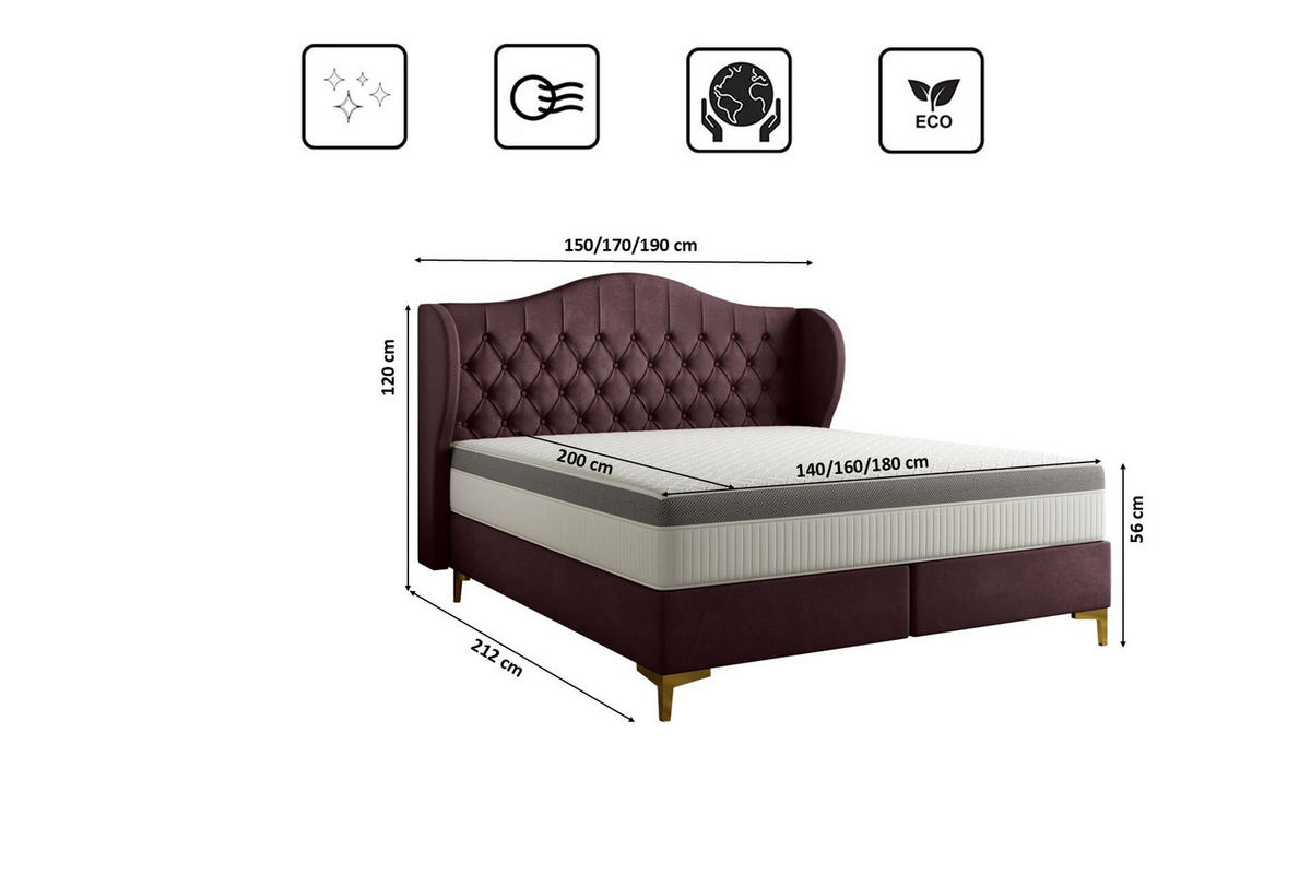 BETT mit Taschenmatratze LEGEND, Whisper-Stoff Rotwein 160x200 cm - Rot, Holz/Textil (160/200cm) - Kaiser Möbel