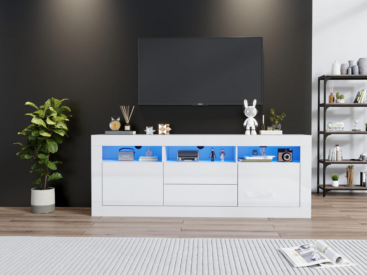TV-SCHRANK Weiß 160/35/60 cm, Hochglanz, LED-Beleuchtung, Push-to-Open - Weiß, Holzwerkstoff (160/60/35cm) - PANGIVO