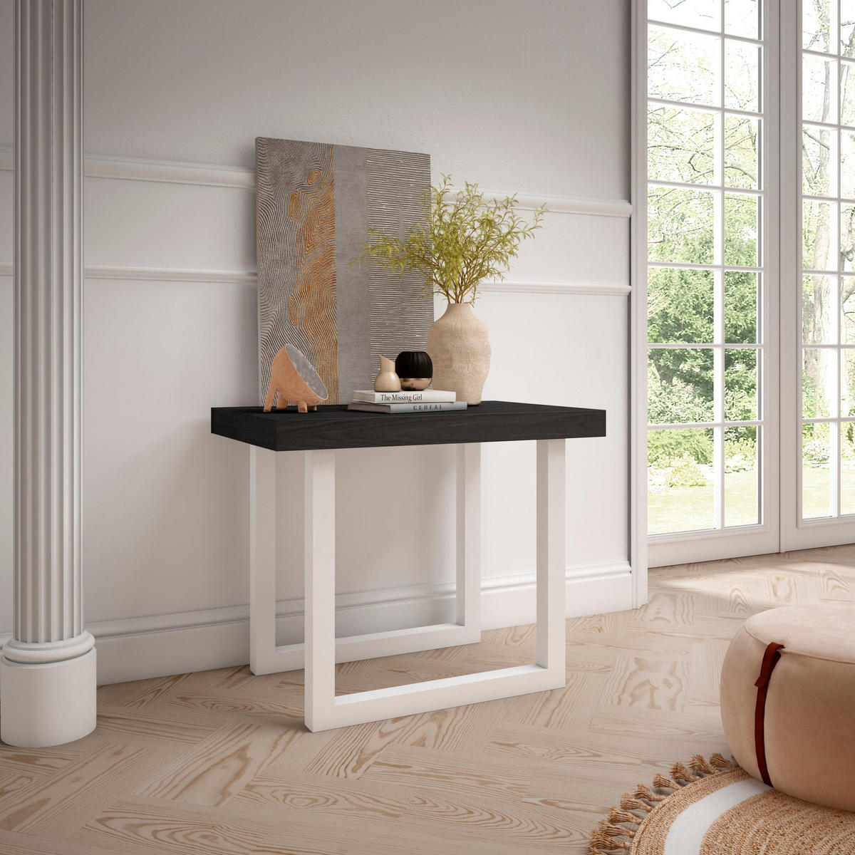 KONSOLENTISCH ausziehbar 58 bis 160cm, für 8 Gäste, weiß schwarz, 90/58/73cm - Schwarz/Weiß, Holzwerkstoff (90/160/73cm) - Skraut Home
