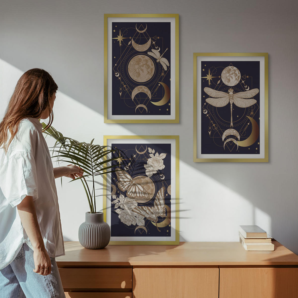 WANDBILDER 3er Set - 40x60 cm Goldrahmen - Naturmotive Mondblumen - Goldfarben, Kunststoff (40/60cm) - ArtPrintCave