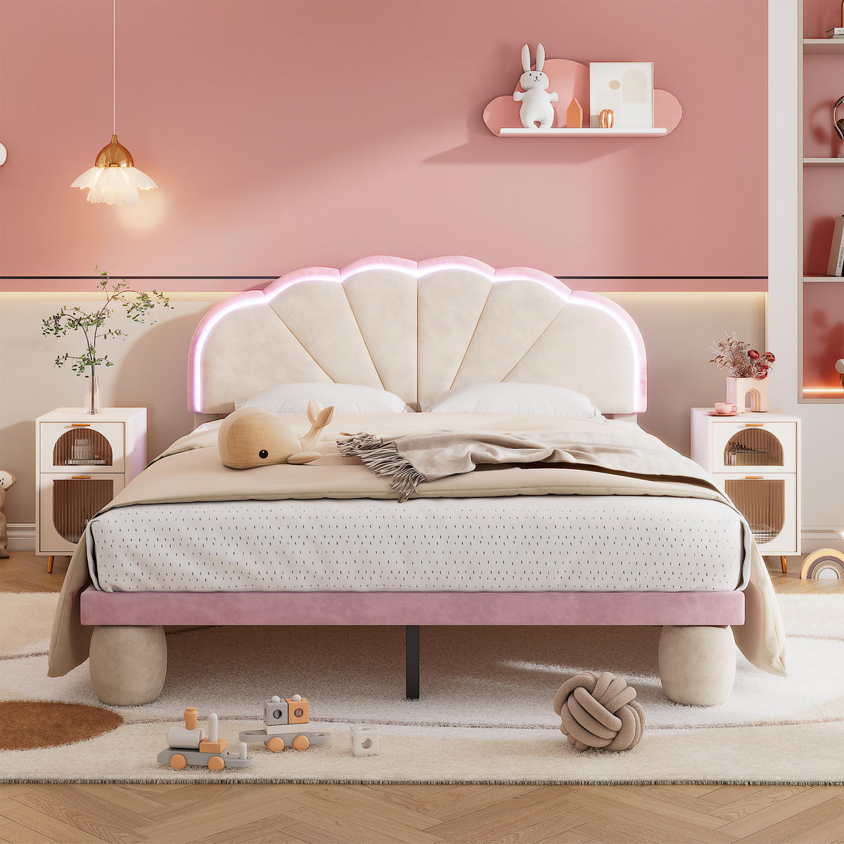 POLSTERBETT 140x200cm mit Holzlatten, Samtstoff - Pink, Holz (140/200cm) - KOMHTOM