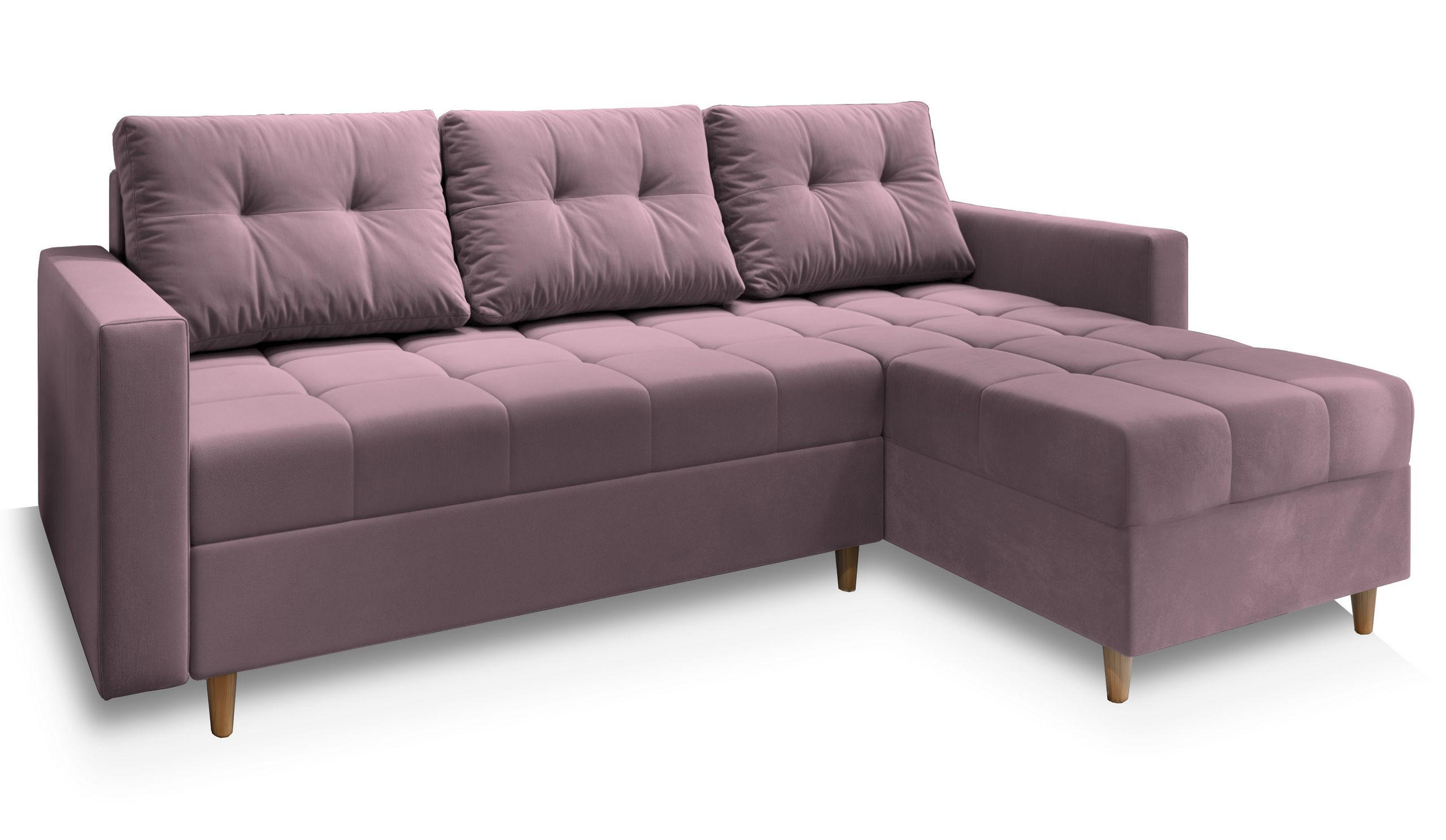 ECKSOFA MILO L Rosa Plüsch-Stoff mit Schlaffunktion - Rosa, Holz (220/140cm) - MASSENO