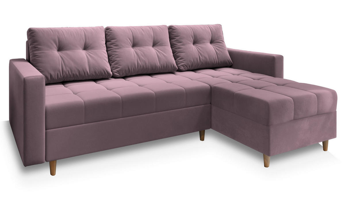 ECKSOFA MILO L Rosa Plüsch-Stoff mit Schlaffunktion - Rosa, Holz (220/140cm) - MASSENO