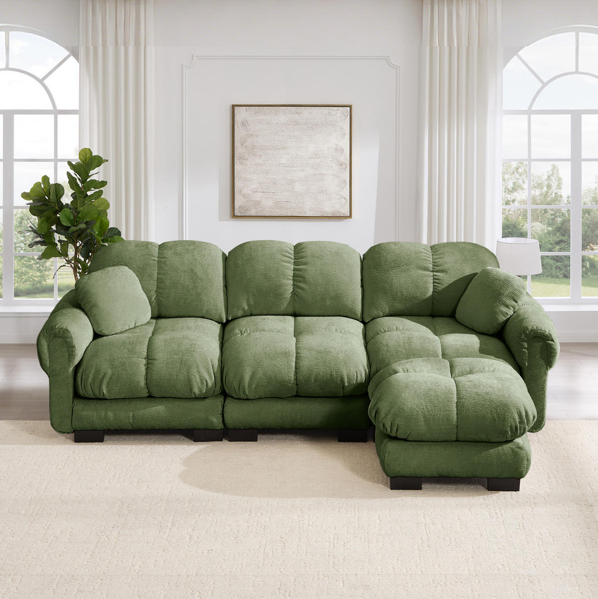 SOFA 260/149/90 cm in Grün aus Chenille mit Ottomane und 2 Kissen - Grün, Textil (149/90/260cm) - Flora Grace