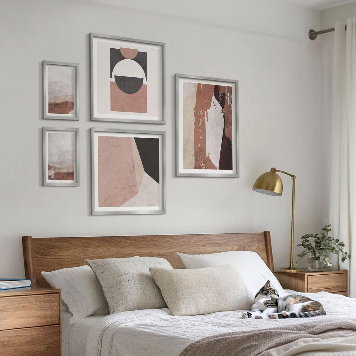BILDER SET 5er Set - 50x50 cm & 20x30 cm & 40x60 cm Silberner Rahmen - Abstrakte braune Muster - Silberfarben, Kunststoff (40/60cm) - TULUP