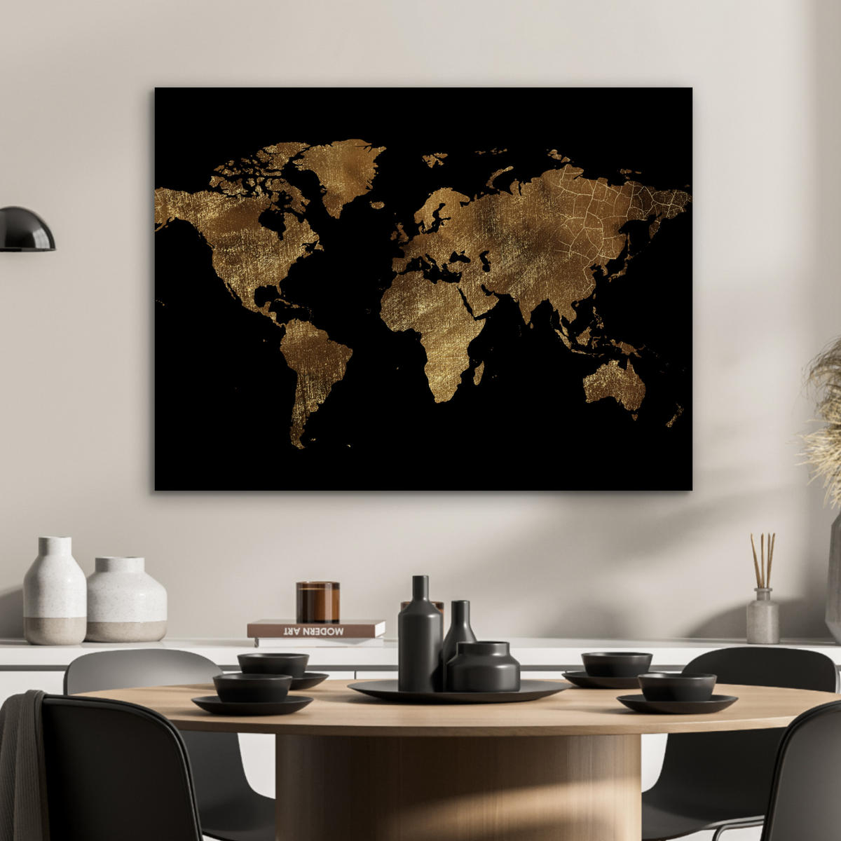 KOVOVÝ OBRAZ Mapa sveta - Zlato - Luxus - Zem - Čierna 80x60 cm - zlatá, kov (80/60cm) - MuchoWow