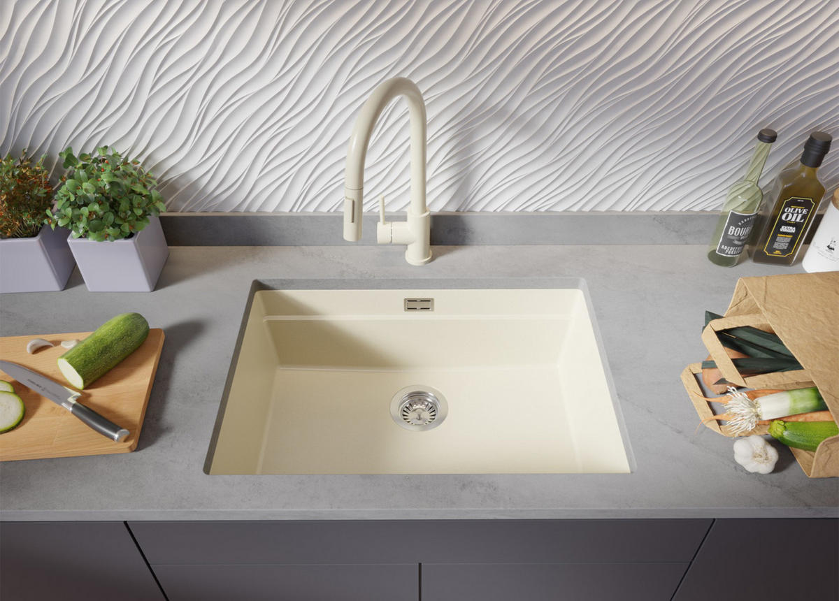 UNTERBAUSPÜLE GRANIT Praga, 2-er set Beige 66/47 cm 1 Becken + Küchenarmatur 38/14 cm + Ablauf-Set + Aufrollbare Abtropffläche ab 70er Unterschrank - Chromfarben/Beige, Kunststoff (66/20/47cm) - Primagran