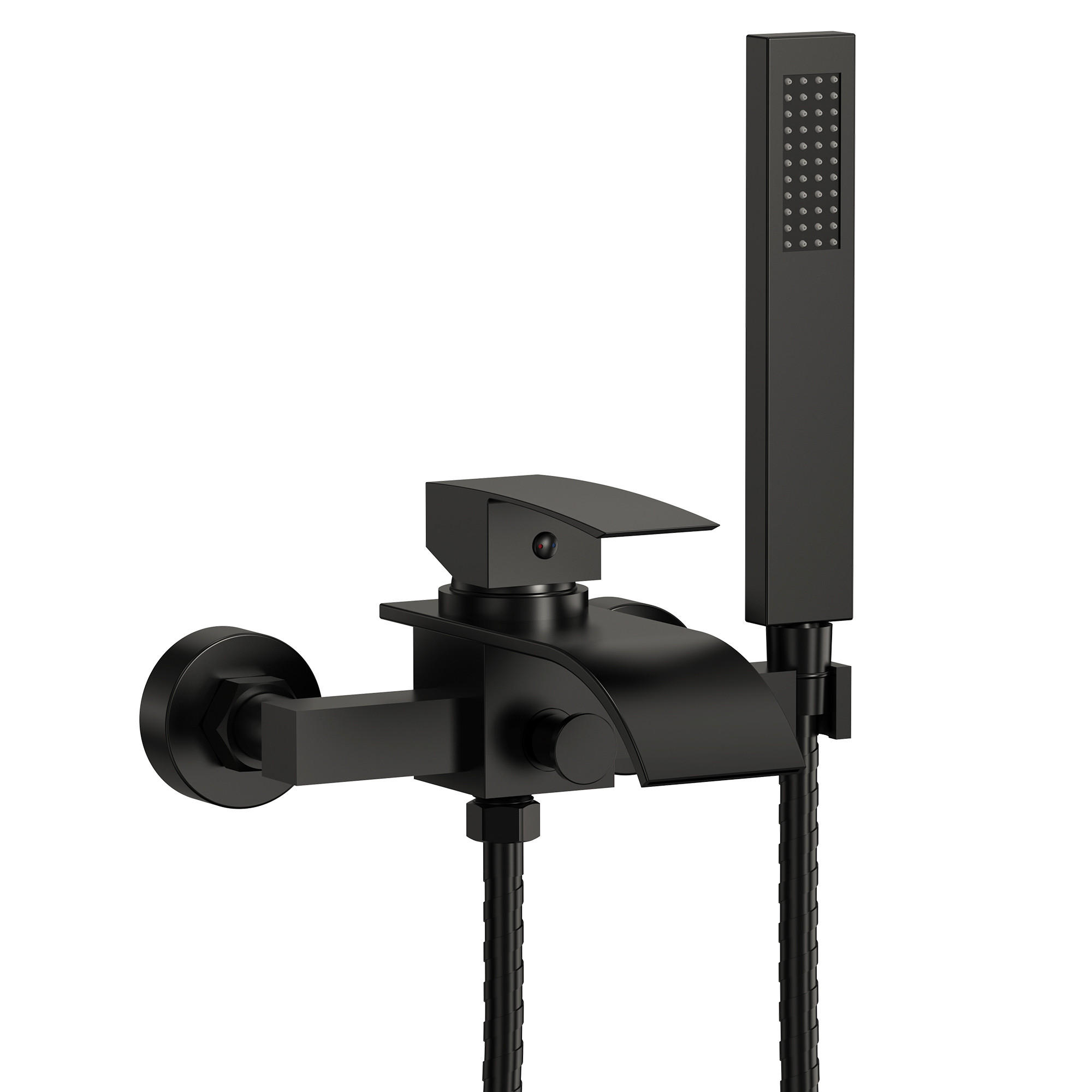 BADEWANNENARMATUR SFS-5005 Schwarz Matt, Aufputz mit Wasserfallauslauf 200 mm Handbrause 1500 mm Einhebel 150 mm Stichmaß - Schwarz, Metall (6/20/23cm) - Everstein