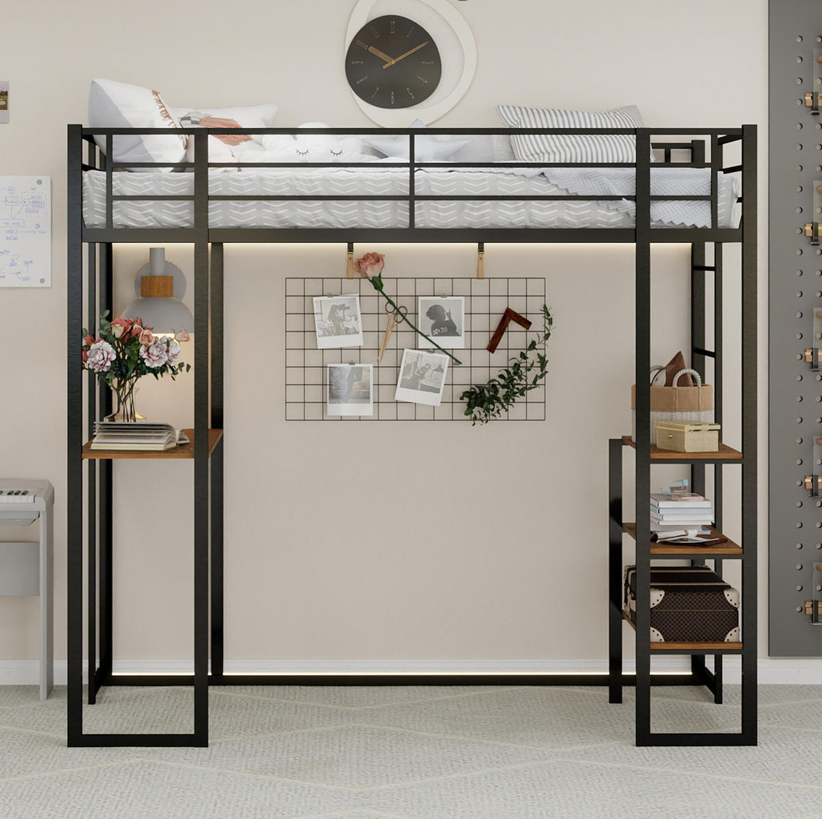 HOCHBETT 90/200 cm mit Schreibtisch, beidseitiger Leiter und stabilem Eisenrahmen, Schwarz - Schwarz, Metall (90/200cm) - Redom