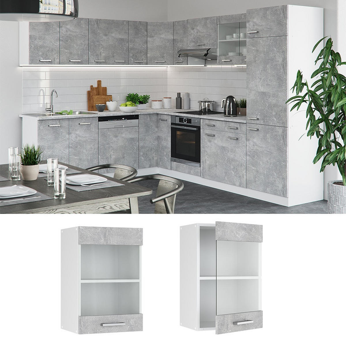 KÖKSGLASSKÅP R-Line betong 40 cm - Vit/Grå, Träbaserade material (40/60/31cm) - Vicco