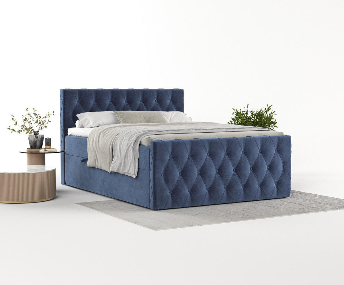 BOXBETT Signature Dunkelblau 160/200 cm im Samtstoff - Schwarz/Dunkelblau, Holz/Holzwerkstoff (160/200cm) - Maison de Reve