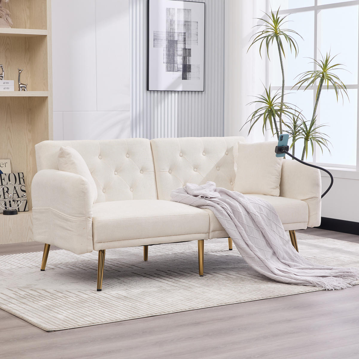 SCHLAFSOFA 2-Sitzer mit verstellbarer Rückenlehne und Handyhalter Chenille Beige 173/78/78 cm - Beige, Textil (173/78/78cm) - OKWISH