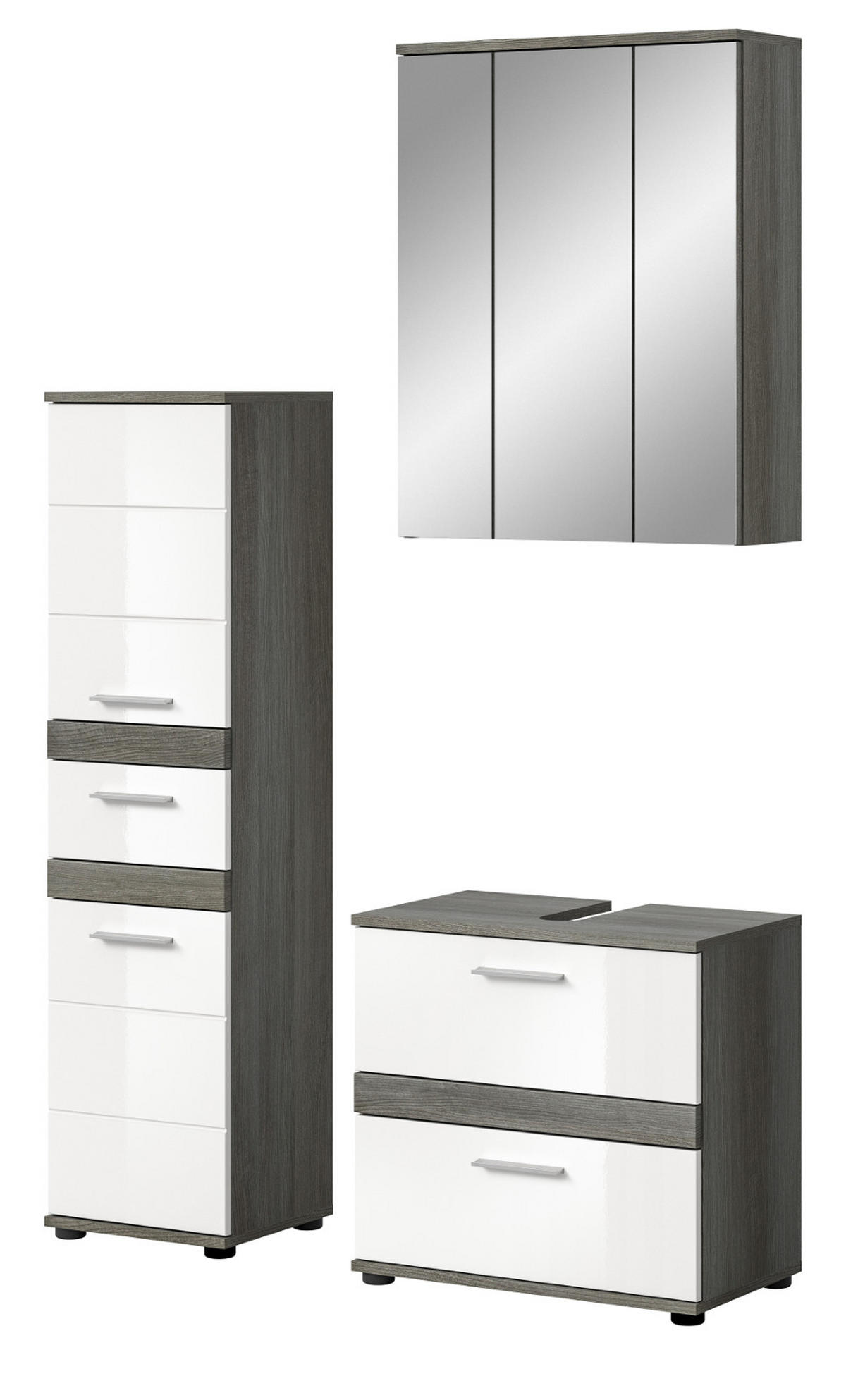 BADMÖBEL-SET weiß Hochglanz. grau 3-teilig 110 cm, Kombination mit viel Stauraum - Weiß Hochglanz/Grau, Holzwerkstoff/Metall (110/191/34cm) - Inn.Furn