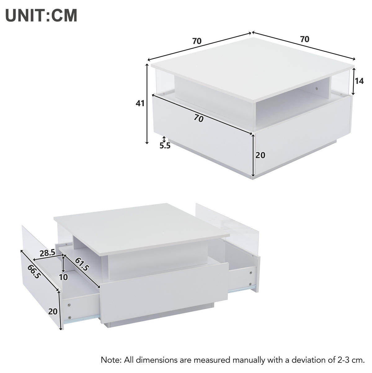 COUCHTISCH, Hochglanz Weiß mit LED und 2 Schubladen, 70/70/41 cm,Weiß - Weiß, Holzwerkstoff (70/70/41cm) - Redom