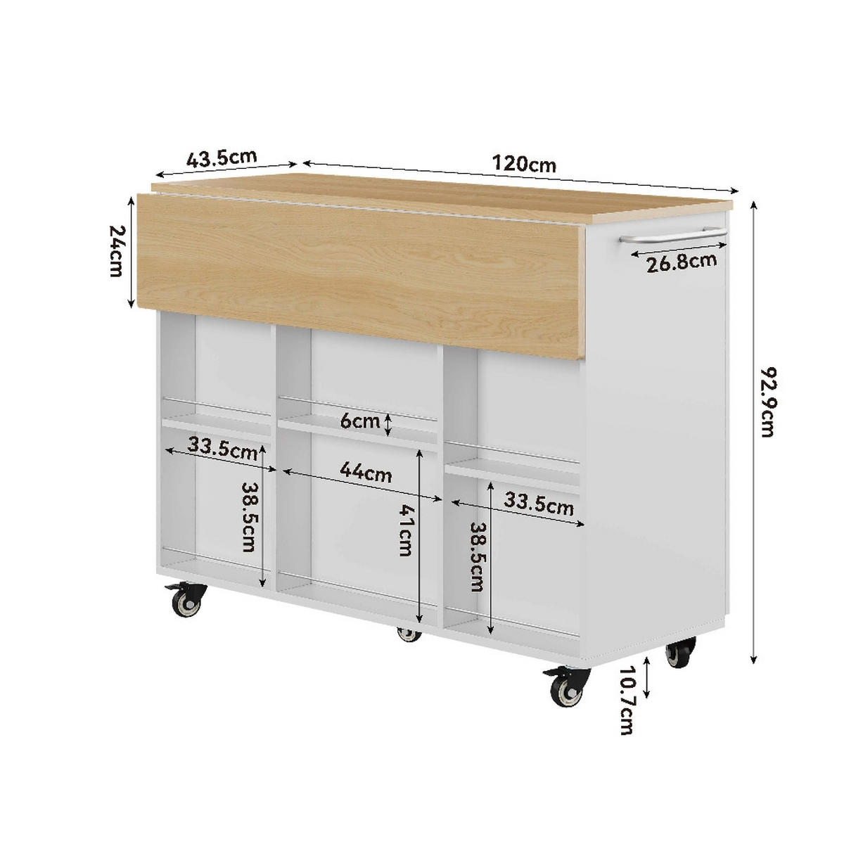 KÜCHENINSEL auf Rollen mit klappbarer Arbeitsplatte, Weiß-Eiche, 136,5/67,5/92,8 cm - Weiß, Kunststoff (67.5/92.8/136.5cm) - Rolipo