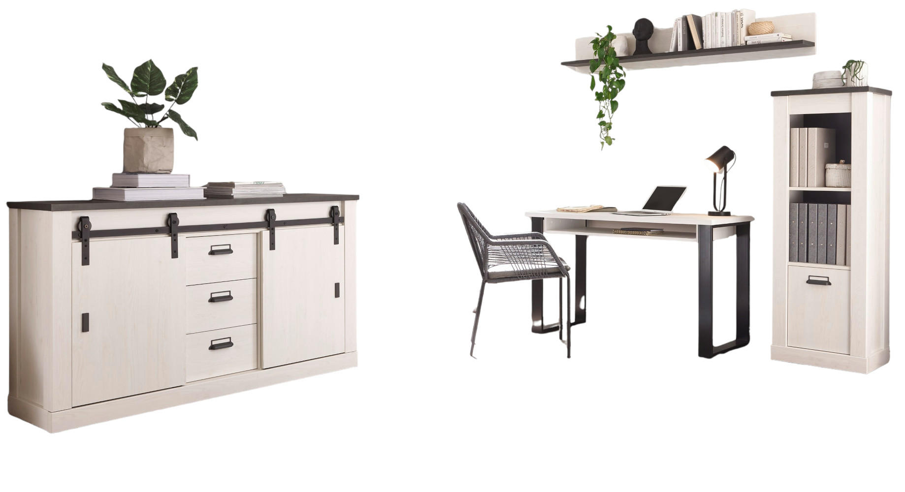 BÜROMÖBEL-SET Set weiß Pinie, anthrazit Landhaus mit Aktenregal, Kommode - Anthrazit/Weiß, Holzwerkstoff (60/377/200cm) - Furn.Design
