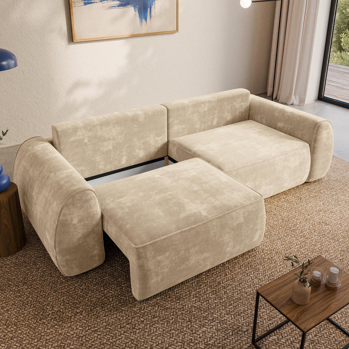 BETTSOFA ZEFEO Creme Chenille-Stoff mit Schlaffunktion - Creme, Textil (264/96/106cm) - MASSENO