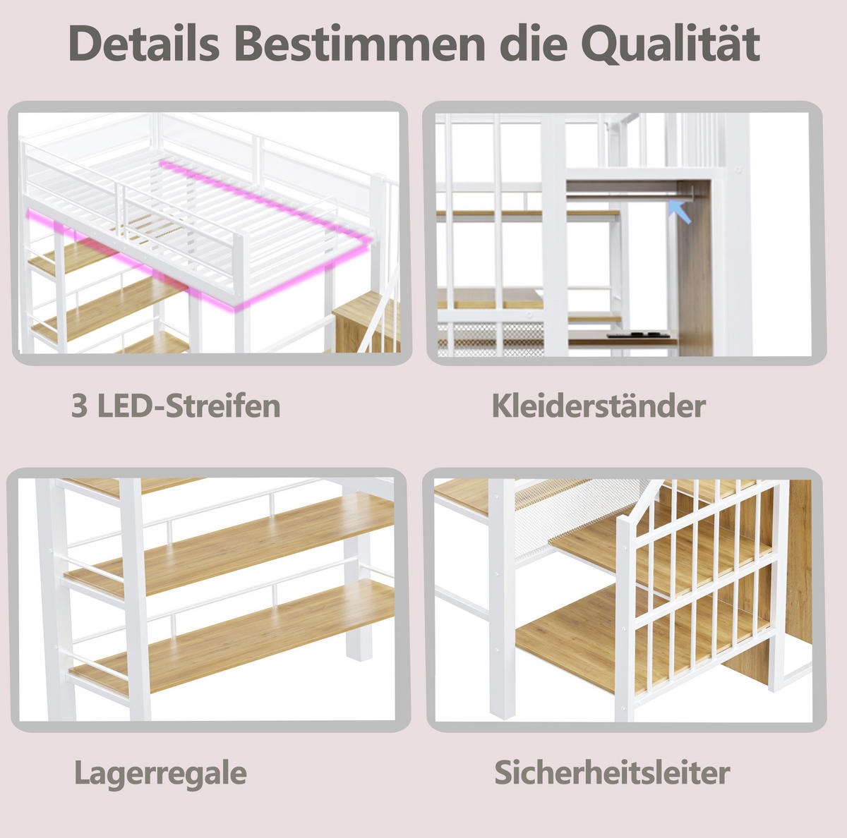 HOCHBETT 90/200 cm mit LED-Lichtleiste, Schreibtisch, Regal und Kleiderschrank, Weiß - Weiß, Holzwerkstoff (90/200cm) - Redom