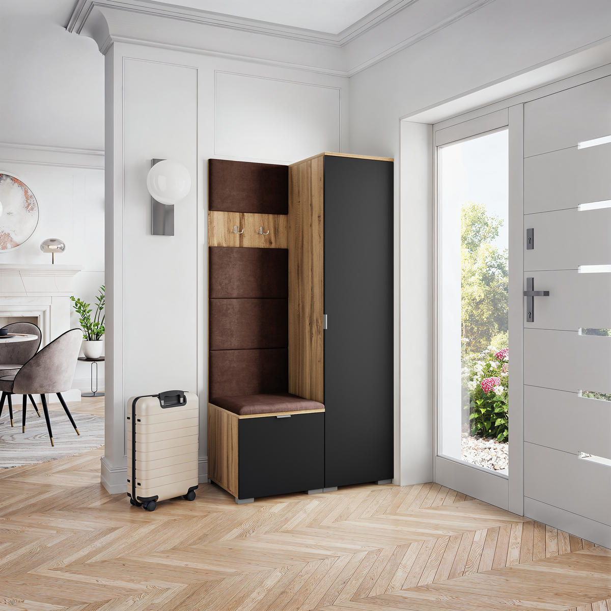 GARDEROBENSCHRANK LORI 95/181/51 cm Modern Garderobe-Set Eiche Wotan - Eiche Wotan/Schwarz, Holzwerkstoff (95/181/51cm) - MASSENO