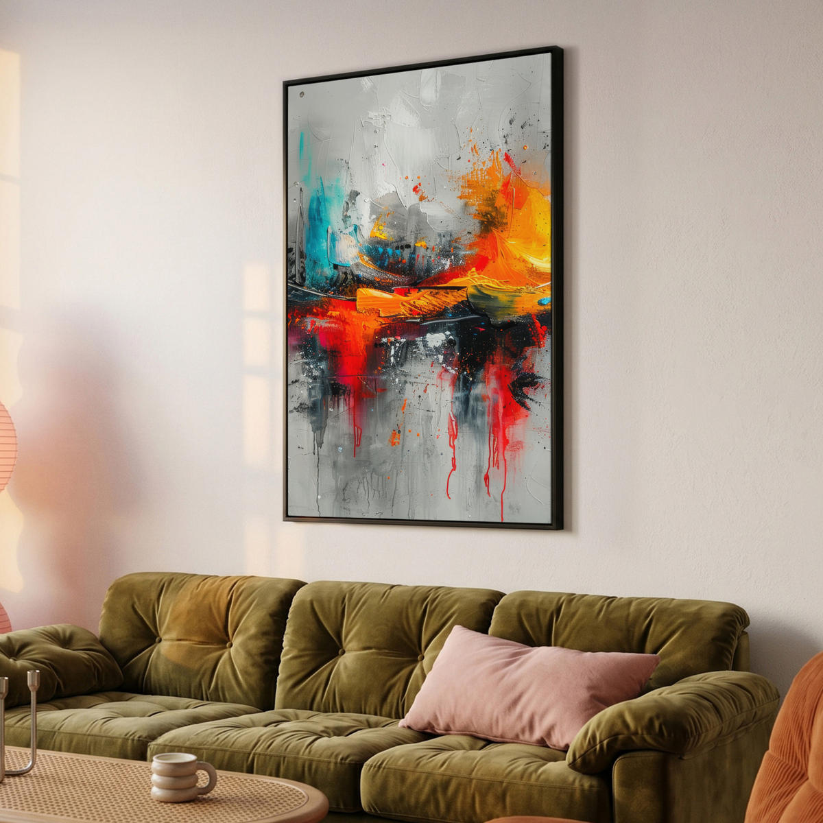 LEINWAND Bilder mit Rahmen - Moderne Kunst - Orange - Grau - Abstrakt - 80x120 - Hellgrau, Textil (80/120cm) - MuchoWow