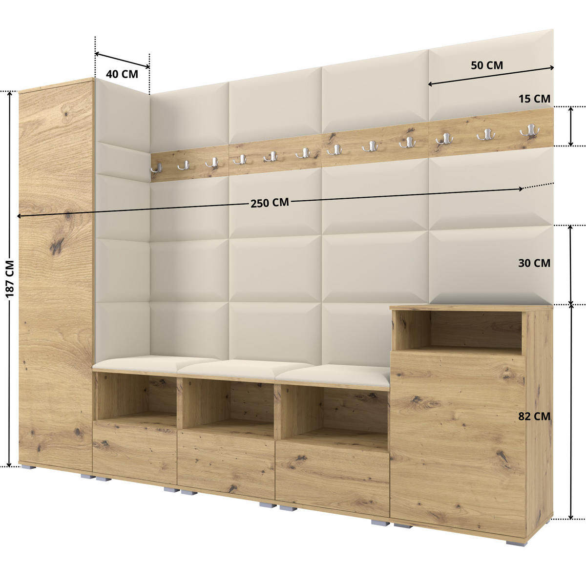 GARDEROBE NELA XI 250 cm (Modulare Flurmöbel Artisan Eiche mit Sitzpolster Creme 01 Großes Set) - Silberfarben/Creme, Holz/Holzwerkstoff (250/187/40cm) - Ravio