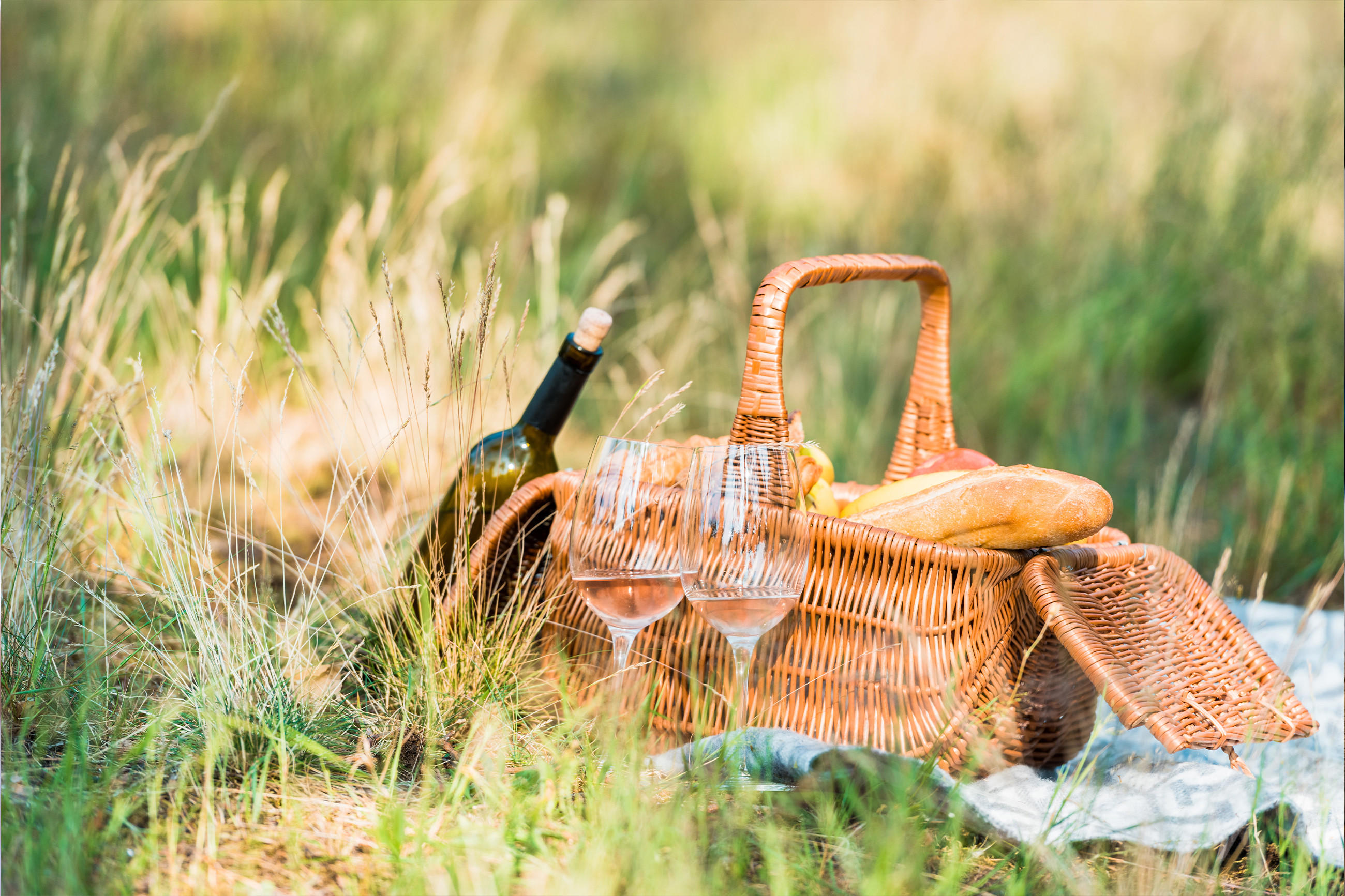Ein Picknickkorb mit Weingläsern und frischem Brot, ideal für einen entspannten Tag im Freien.