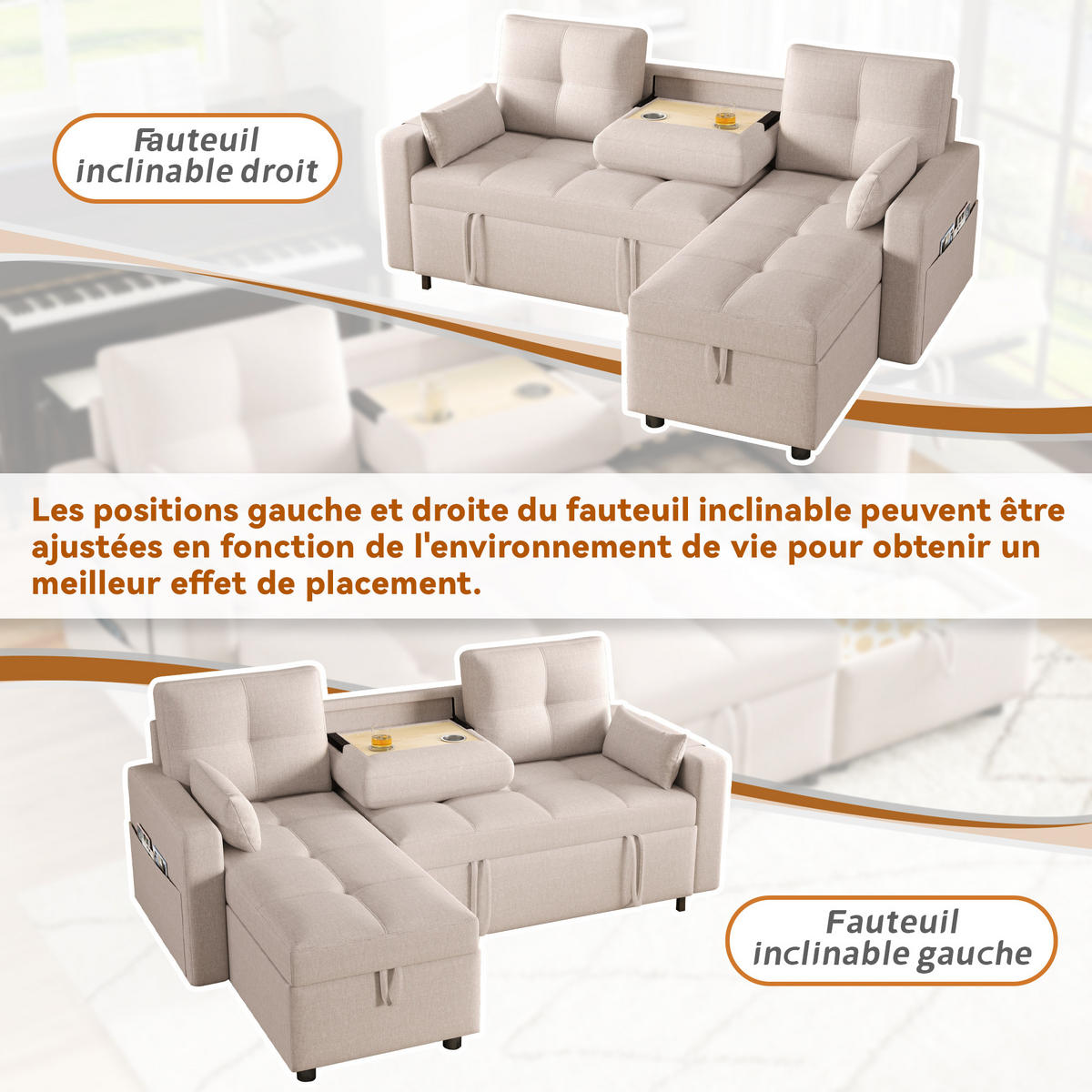 SCHLAFSOFA L-Form mit Stauraum und Getränkehalter - Beige, Textil (211/87/136cm)