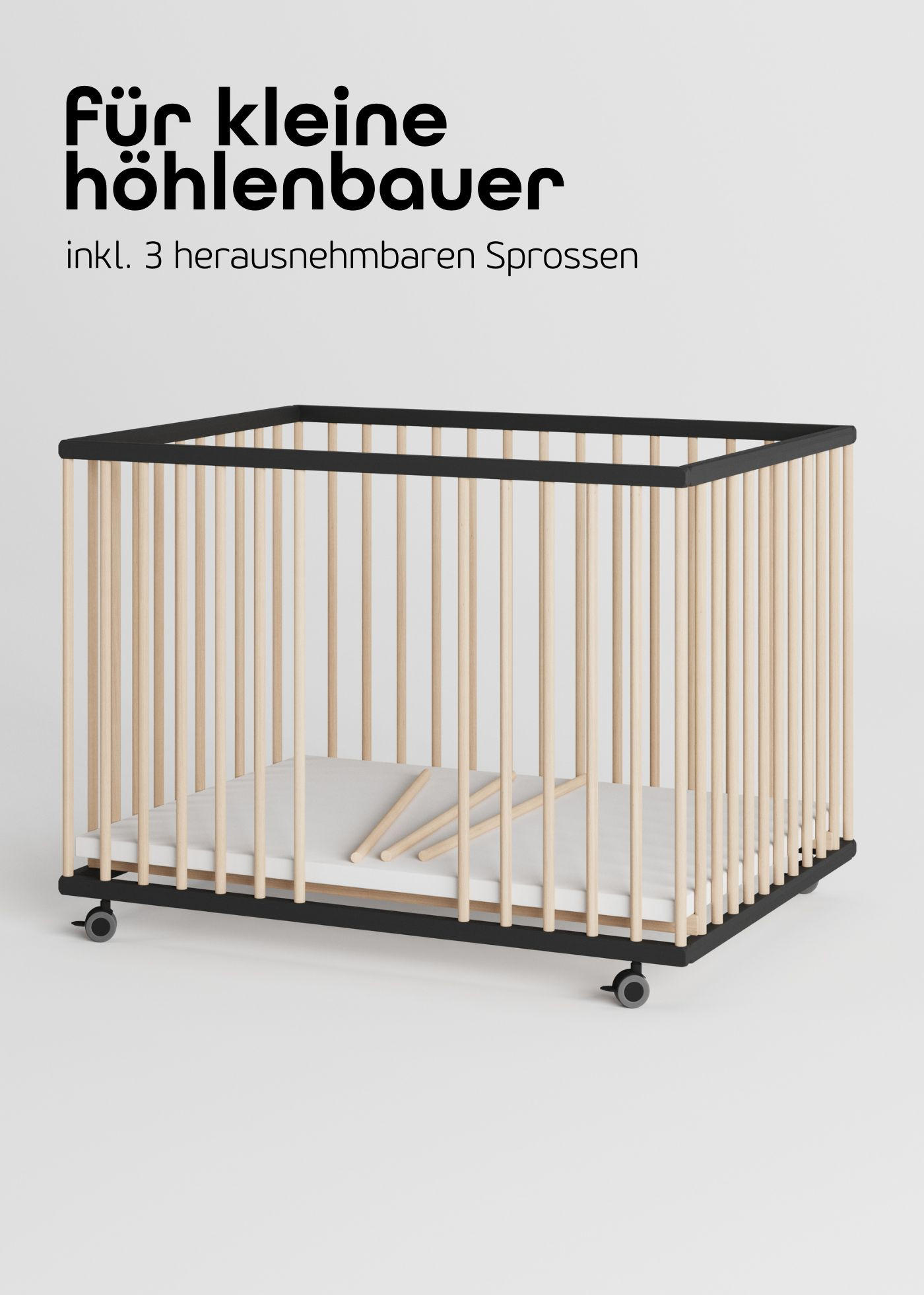 LAUFGITTER 75x100 cm mit Matratze Cloud Air & Schlupfsprossen - schwarz/natur - Premium Kollektion - Schwarz/Naturfarben, Holz (100/74/75cm) - Sämann – make a difference.