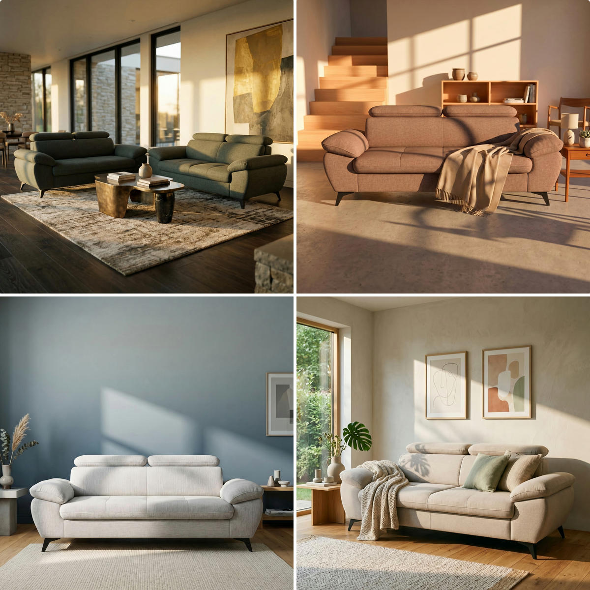 3-SITZER Karlstad Chenille Beige verstell. Kopfstützen B 215 cm - Taupe, Kunststoff/Textil (215/84/100cm) - foamnova
