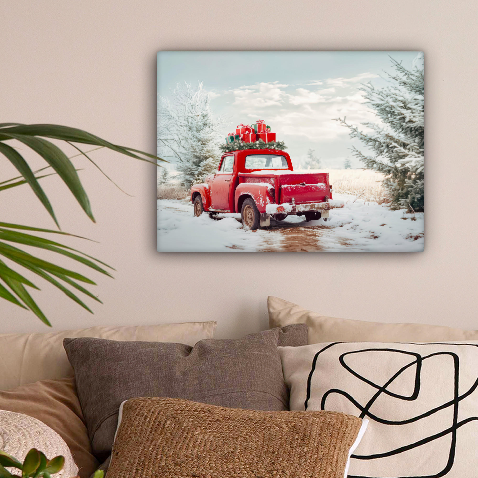 LEINWANDBILD Auto - Rot - Geschenke - Winter - Schnee - Weihnachten 40x30 cm - Rot, Textil (40/30cm) - MuchoWow