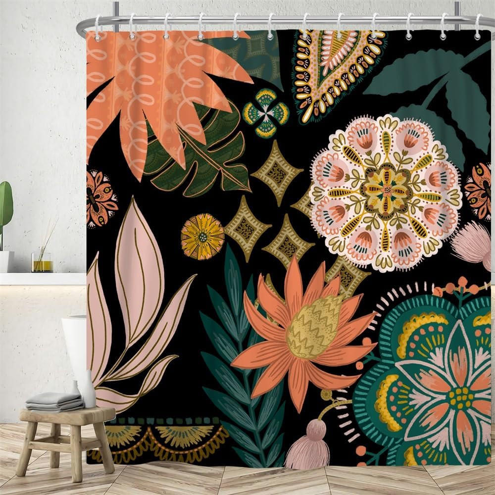 DUSCHVORHANG Rosa Blumen Blatt Grün Badewanne schimmelresistent wasserdicht Stoff Polyester waschbar Badezimmer - Multicolor, Textil (180/180cm) - MCBOSON