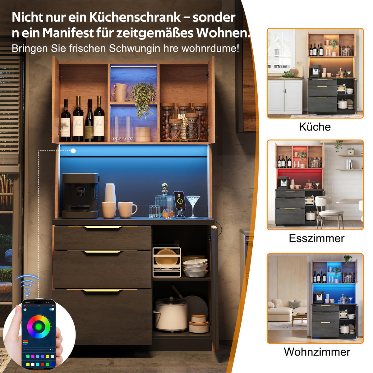 BUFFET 100/40/180 cm neutral aus MDF mit LED - Naturfarben, Holzwerkstoff (100/180/40cm) - OKWISH