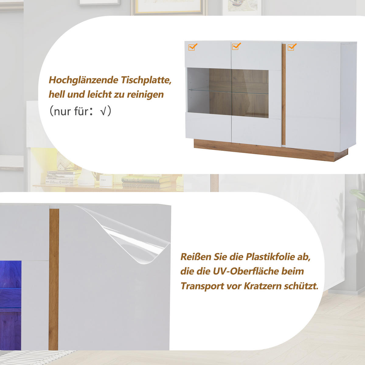 SIDEBOARD, Hochglanz, Glas, Holzsockel, Weiß, 138x38x90.5cm - Weiß, Holzwerkstoff (38/90.5/138cm) - FLIEKS
