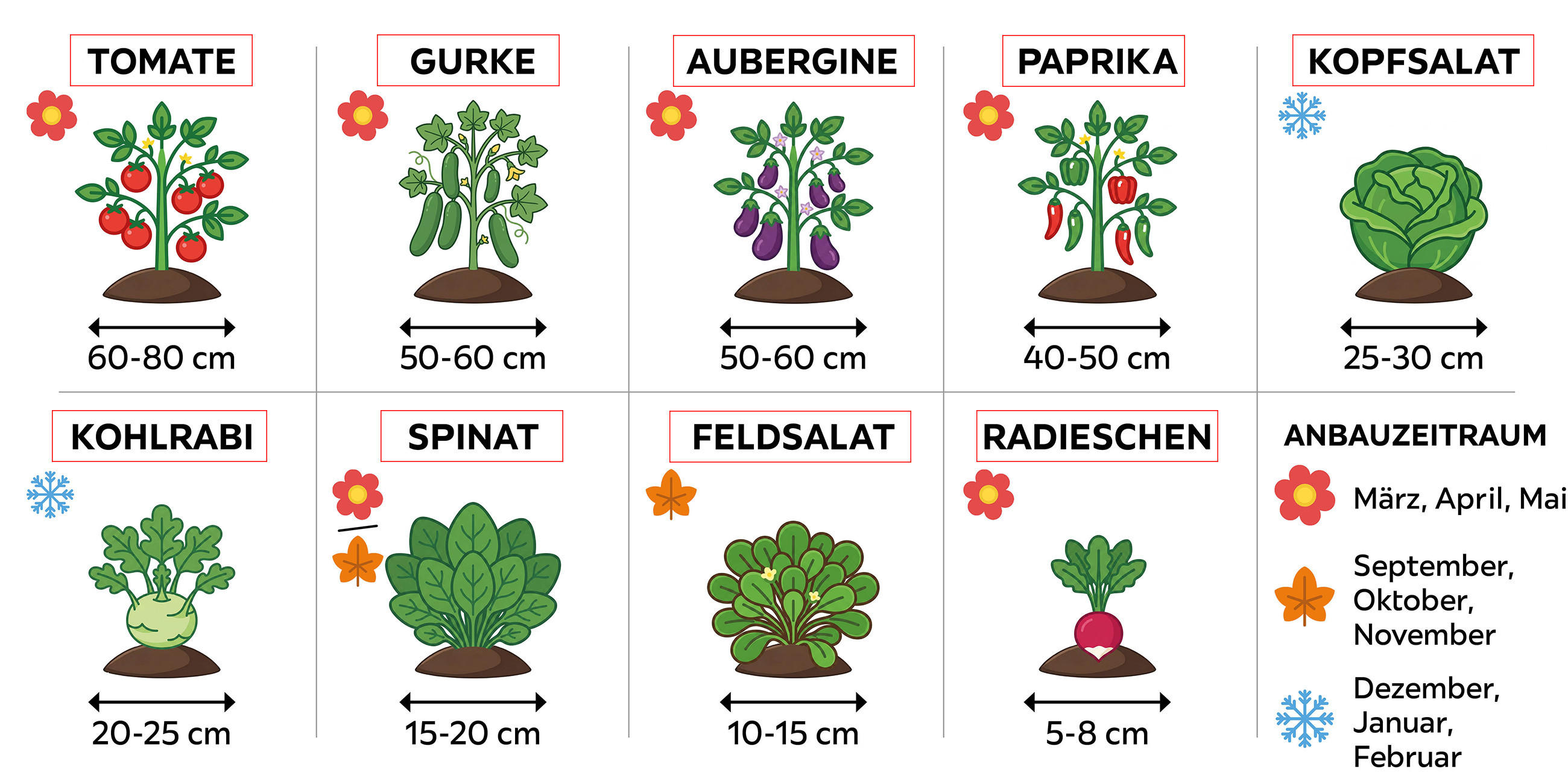 Infografik mit Pflanzabständen im Gewächshaus: Tomate 60-80 cm, Gurke 50-60 cm, Aubergine 50-60 cm, Paprika 40-50 cm, Kopfsalat 25-30 cm, Kohlrabi 20-25 cm, Spinat 15-20 cm, Feldsalat 10-15 cm, Radieschen 5-8 cm.
