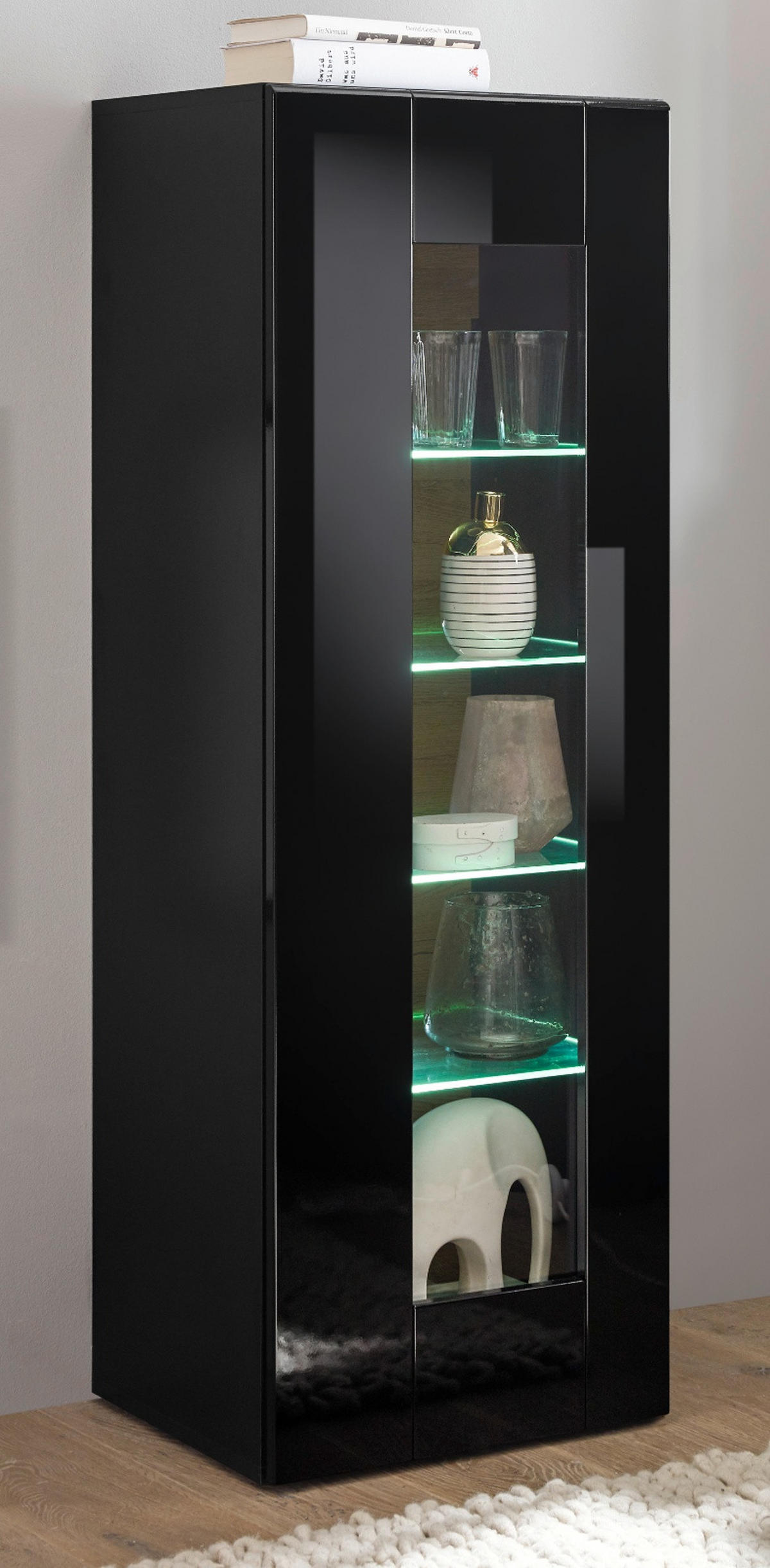 VITRINE schwarz Hochglanz, Grandson Eiche, Vitrinenschrank hängend, stehend 45 x 131 cm - Schwarz Hochglanz/Eichefarben, Glas/Holzwerkstoff (45/131/38cm) - Furn.Design