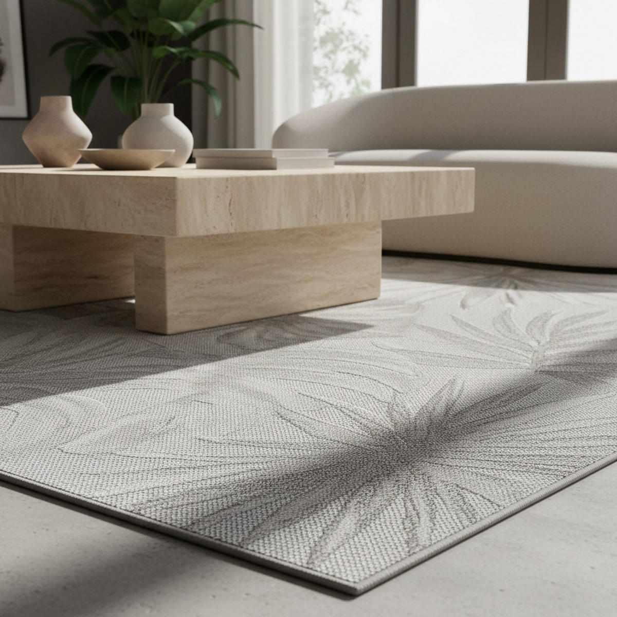 TEPPICH Outdoor Flachgewebe Tropenmuster Polypropylen Terrasse Grau Rechteckig 240x340 - Grau, Textil (240/340cm) - KADIMA DESIGN