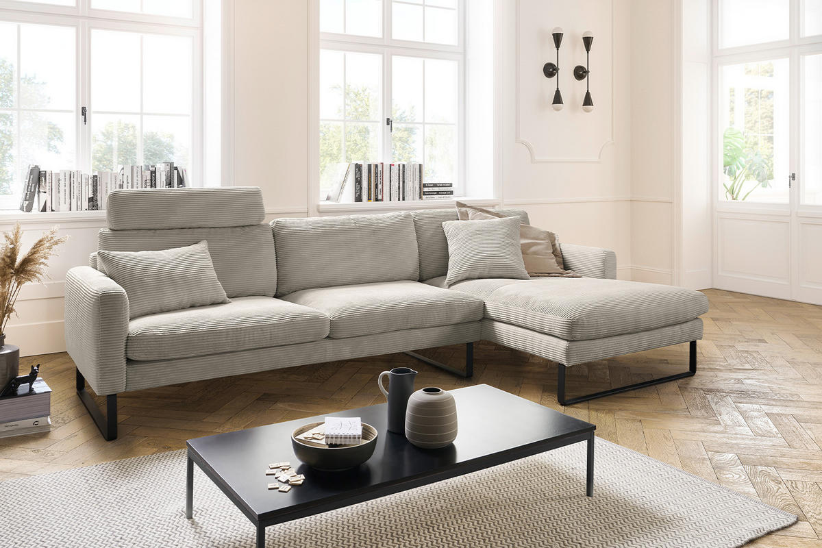 ECKSOFA RICARDA Granit Cord - Greige/Schwarz, Textil/Metall (298/154cm) - KAWOLA