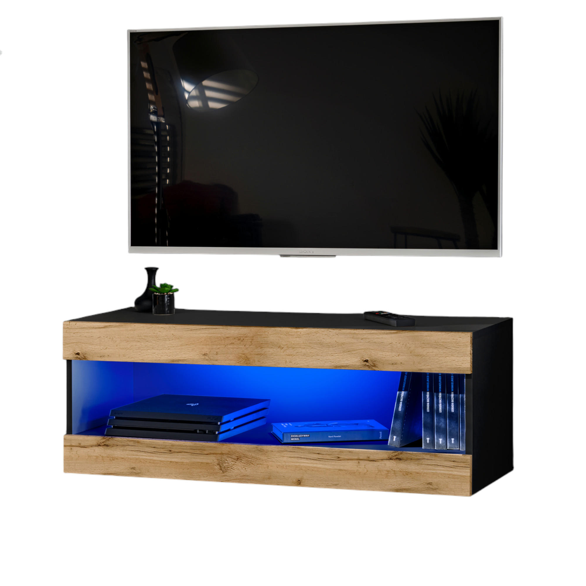 TV-ELEMENT TIVOLI RTV2-BLACK/WOTAN+BLU Offener Raum Schwarz Wotan - Eiche Wotan/Schwarz, Holzwerkstoff/Kunststoff (100/36/35cm) - Komodee