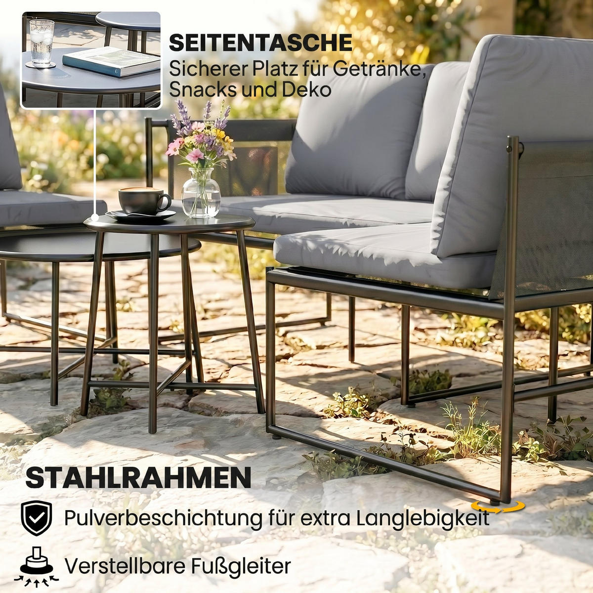 LOUNGE GARTENMÖBEL SET DE-06611 4-5 Personen, Couchtisch, Stuhl, dick waschbare Kissen - Dunkelgrau, Textil/Metall - ComfortXL